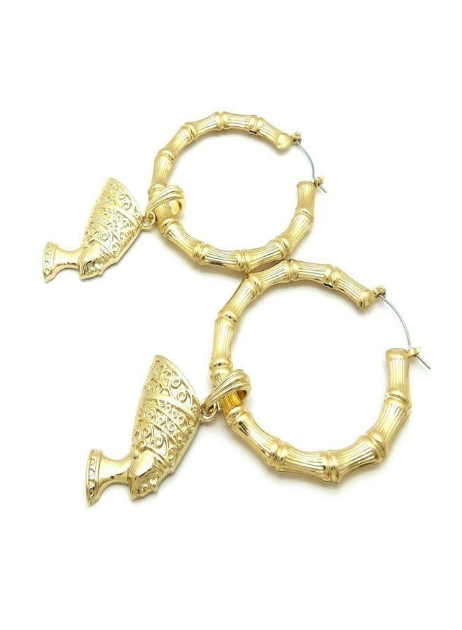 BLINGFACTORY Women's Fashion Gold Plated Nefertiti Dangling Pincatch Hoop Bamboo Earrings - Image 4